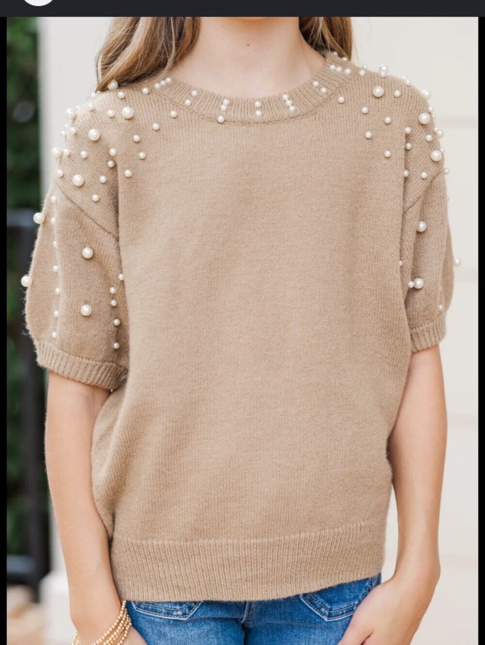 Ann Taylor Beige Short Sleeve Sweater with Pearl Embellished Shoulders